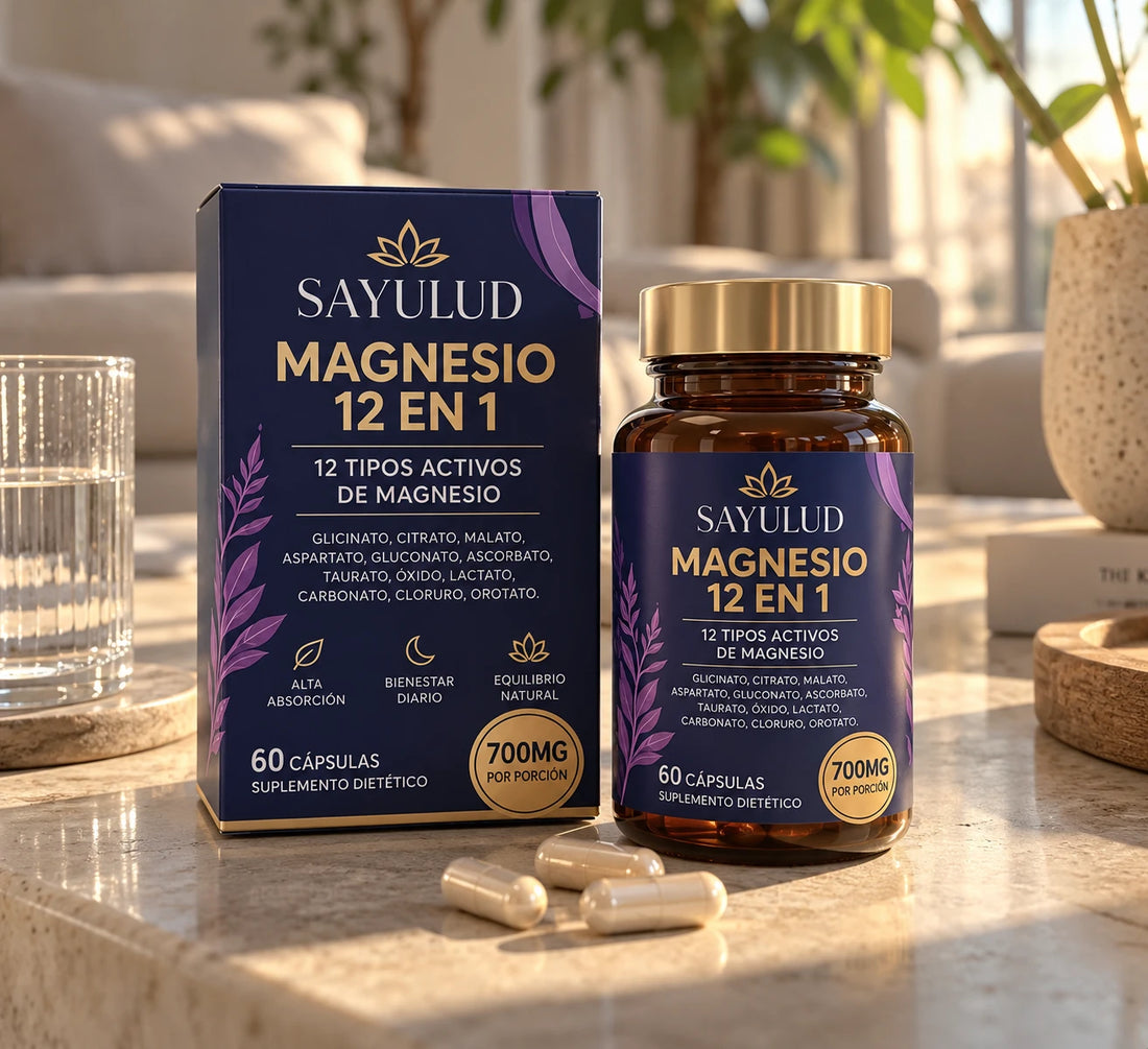 Sayulud Magnesio 12 en 1, caja y bote de 60 cápsulas